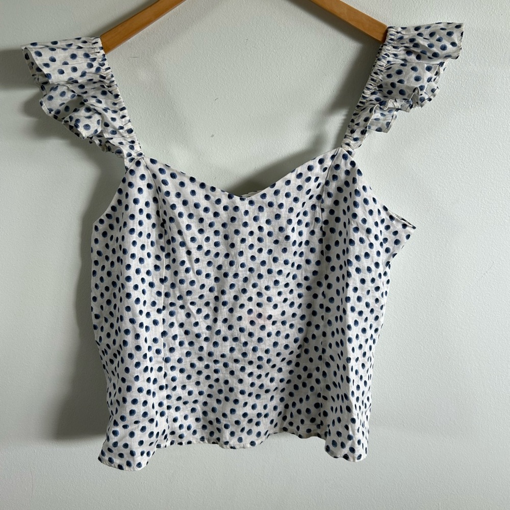 H & M blouse white blue dot linen large